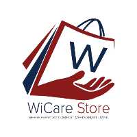 Logo of WiCare Store with a hand and shopping bag design on a white background